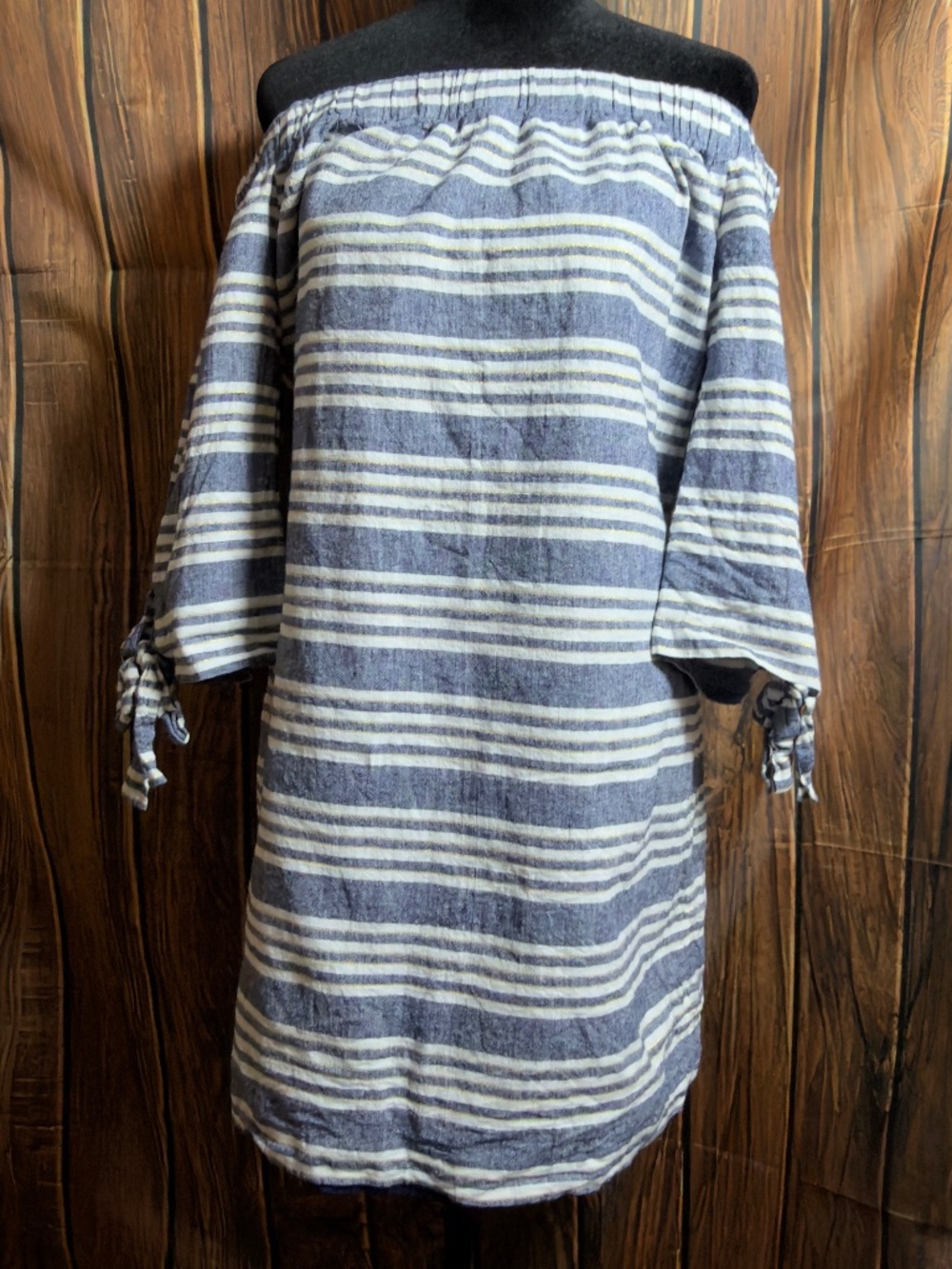 Vince Camuto Women’s 8 Linen Blend Off Shoulder Striped Mini Shift Dress